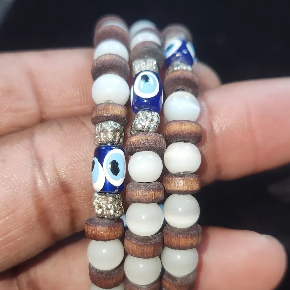 Evil Eye Wood Bead Wrap Bracelet Triple Strand Boho Protection Charm Blue White